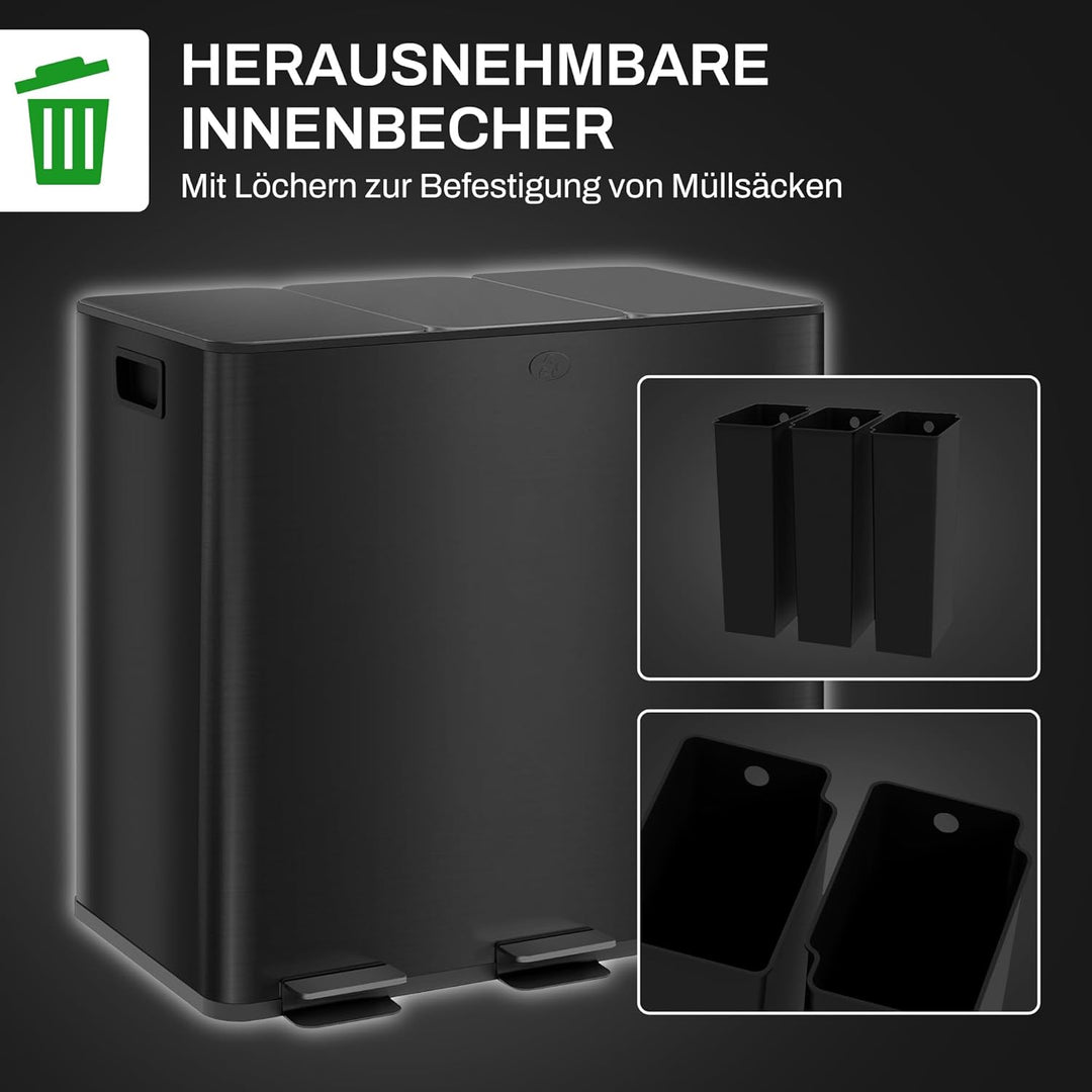 HOMCOM Mülleimer Küche 3 x 15 L Treteimer mit Softclose-Deckel und Pedal Mülltrennsystem 3 Fächer in