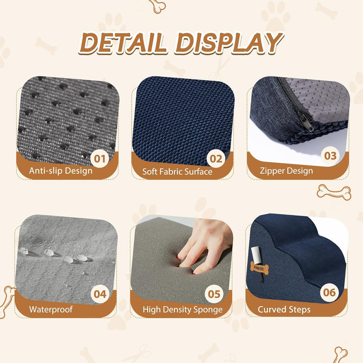 ROMROL Hundetreppe 3 Stufen – rutschfeste Haustiertreppe für kleine Hunde & Katzen – Waschbarer Bezu