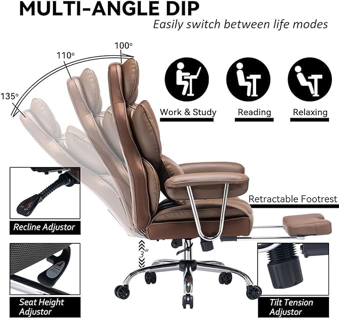 Efomao bürostuhl ergonomisch, PU Leder Chefsessel, bürostuhl 150 kg mit Fussstütze und Lendenwirbels