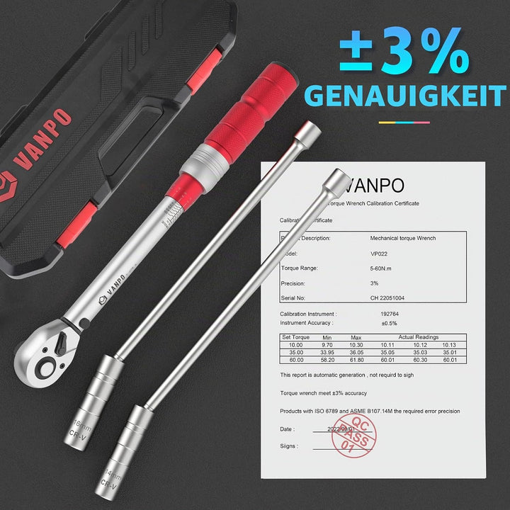 VANPO Drehmomentschlüssel 3/8 Zoll, 5-60Nm Drehmomentschlüssel Motorrad &amp; Auto Set, ± 3% Fehlergenau