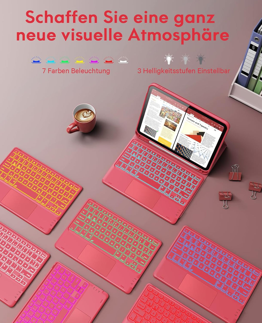 CHESONA Hülle mit Tastatur für iPad 10 Generation/11 Generation A16 2025, 7 Farben Beleuchtung, Mult