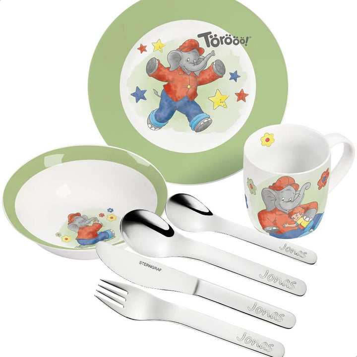 Kinderset Benjamin Blümchen 7tlg. mit Gravur (z.B. Namen) personalisiertes Kinderbesteck + Kinderges