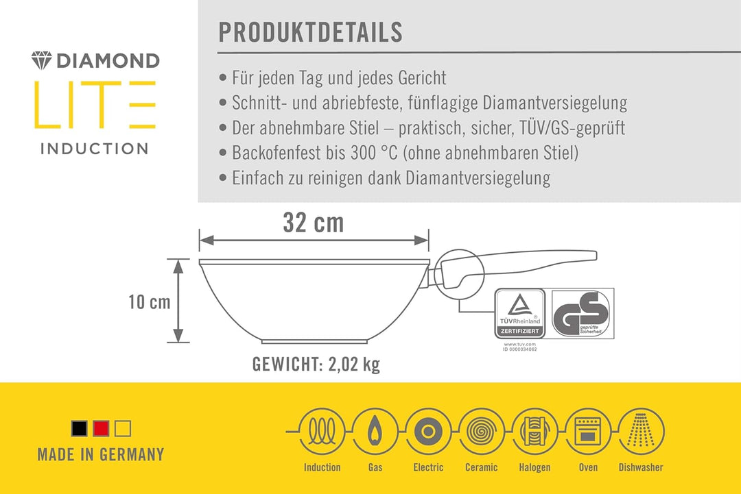 Woll Diamond Lite Wok- und Rührpfanne - Induktiv -, Ø 32 cm, 10 cm hoch - Geeignet für alle Herdarte