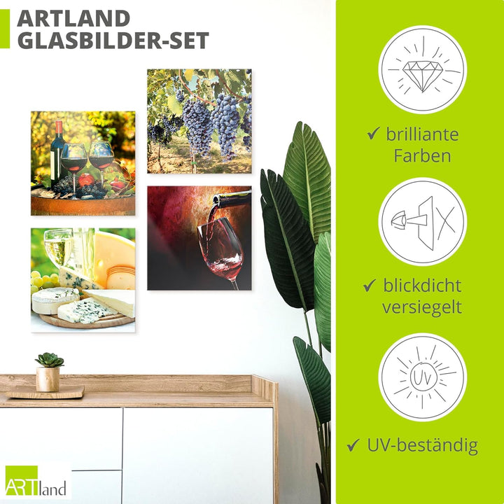 ARTland Glasbilder Wandbild Glas Bild Set 4 teilig je 30x30 cm Quadratisch Dolce Vita Rotwein Traube