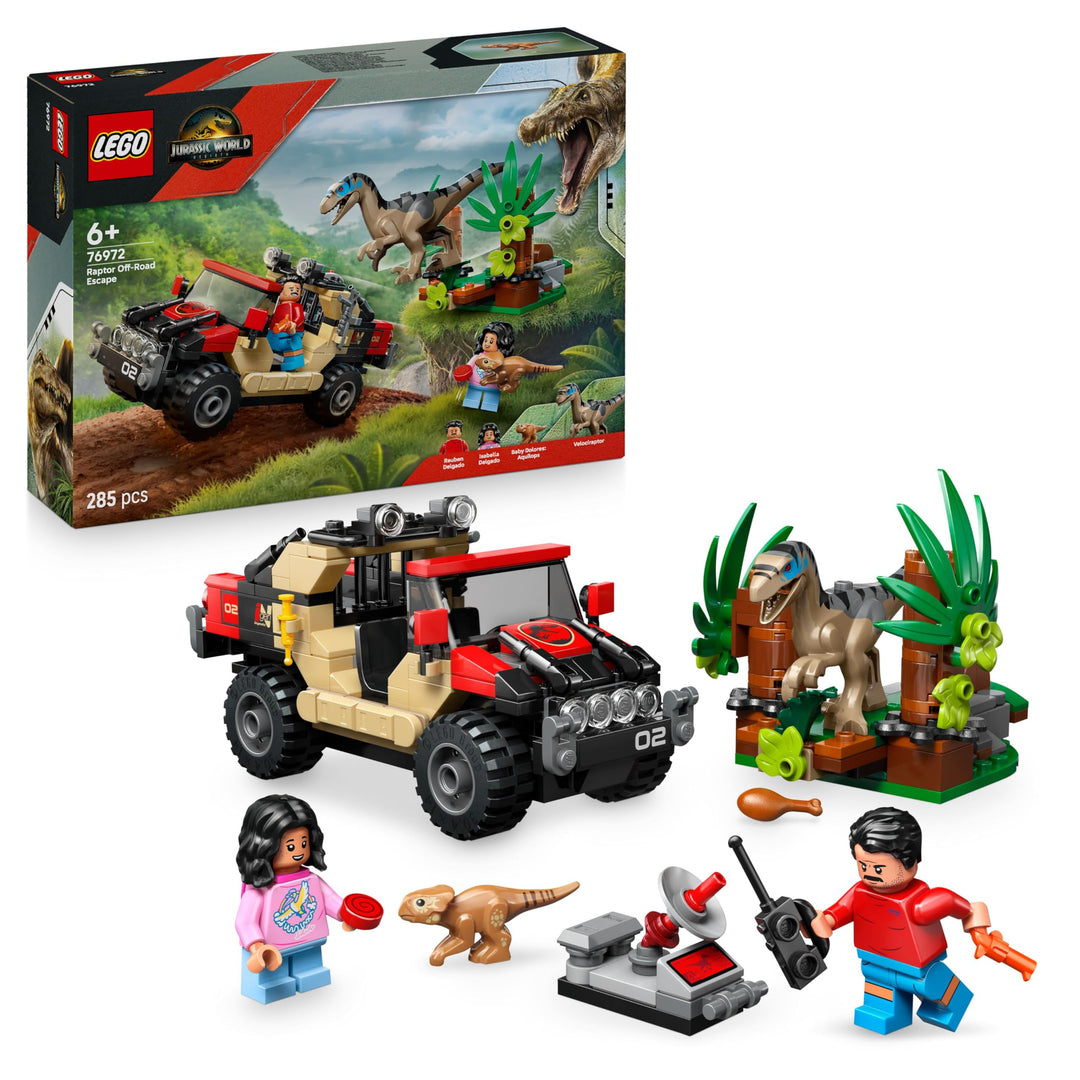 LEGO Jurassic World Raptor: Verfolgungsjagd mit dem Geländewagen – 2 Dinosaurier Figuren, Auto, 2 Mi