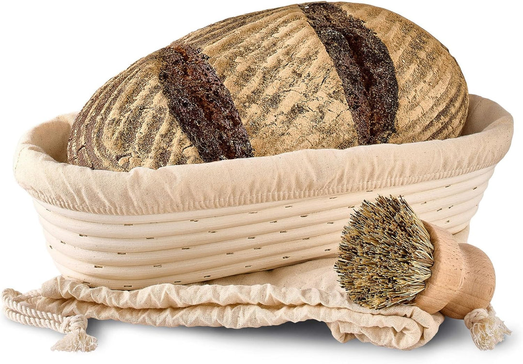 Gärkorb zum Brotbacken - Aus nachhaltigem Rattan - Oval - 35 cm - Set inkl. Bürste, Leineneinlage &