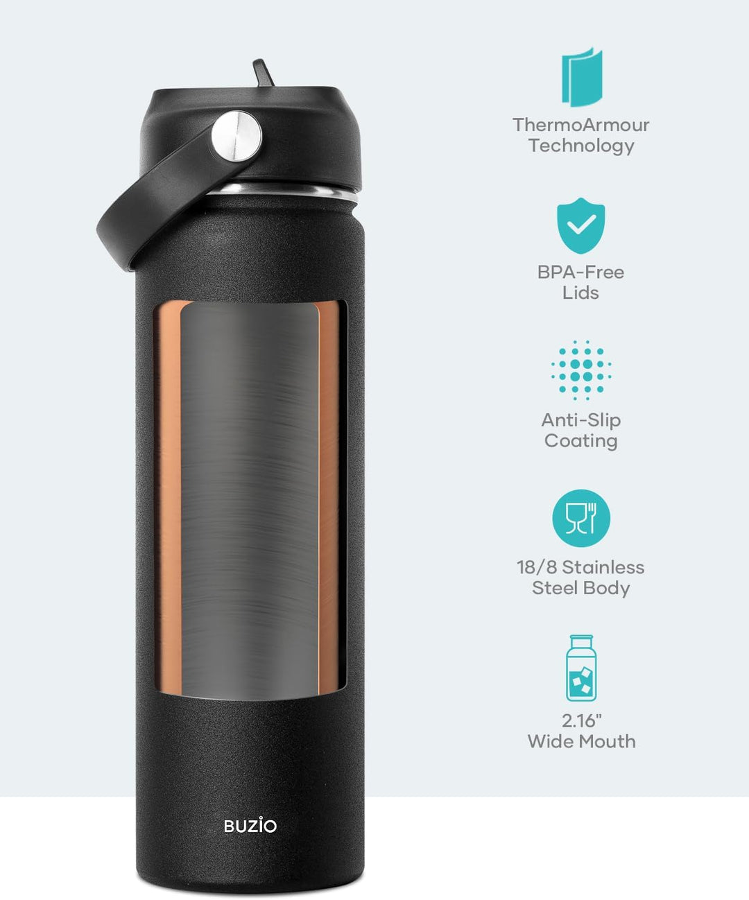 Edelstahl Trinkflasche mit Strohhalm, BUZIO Thermosflasche 680ml mit Strohhalmdeckel und Flexkappe k