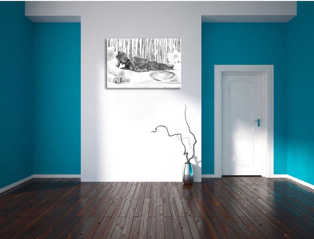 Pixxprint Buddha auf Handtuch / 100x70cm Leinwandbild bespannt auf Holzrahmen/Wandbild Kunstdruck De