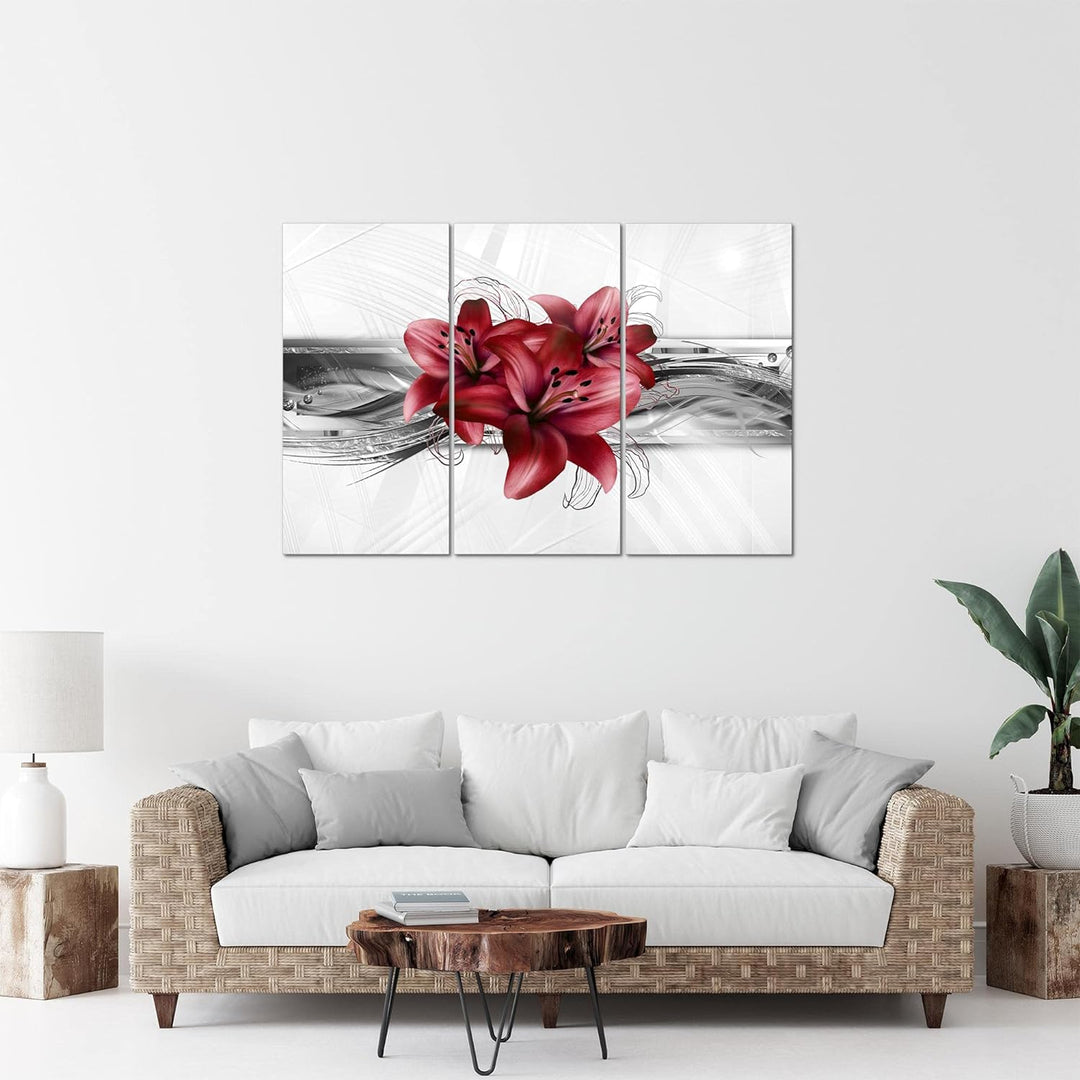Runa Art Wandbilder Blumen Lilien Bild XXL Wohnzimmer Schlafzimmer Grau Rot Abstrakt 120 x 80 cm 3 T