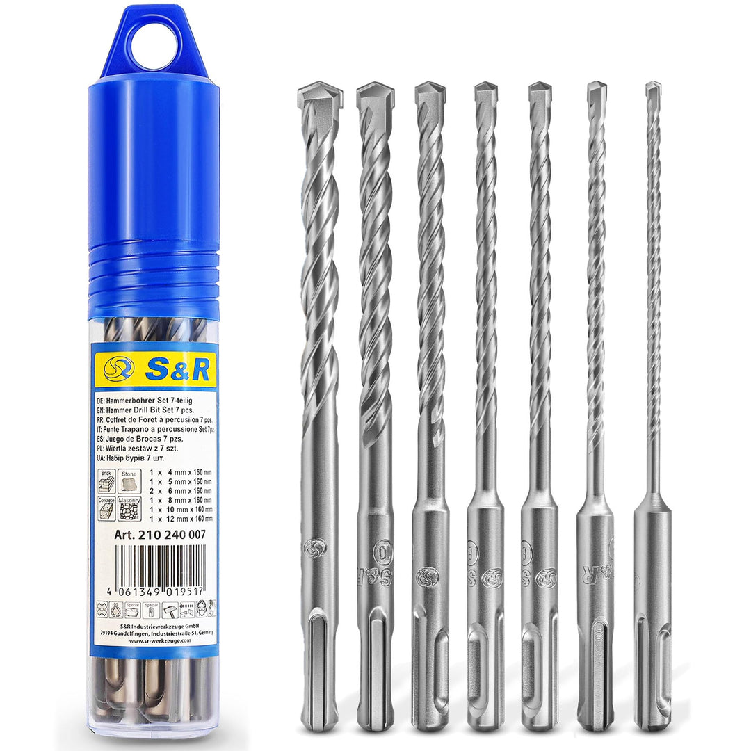 S&R Hammerbohrer, Steinbohrer/Betonbohrer SDS-Plus, Set 7-tlg (4-12mm) für Bohrhammer. Mit 2-Kant-Ho