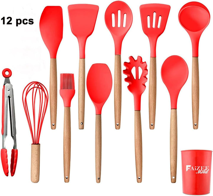 Faizee Möbel 12 tlg. Küchenhelfer Set Silikon Kochbesteck mit Holzgriff Rot, Rot