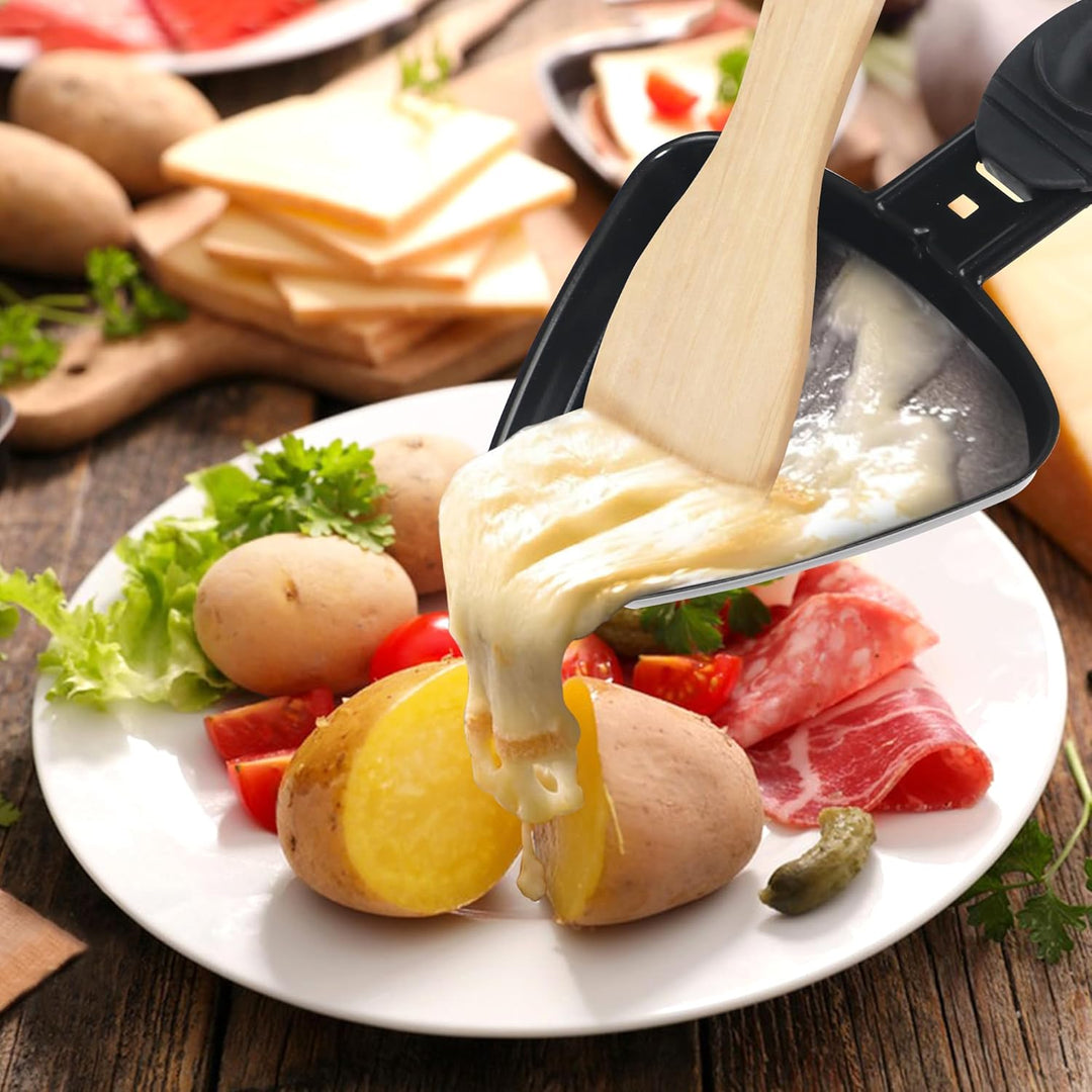 HengBO Raclette Pfännchen Set 4 Stück Mini Antihaftbeschichtet Raclette Pfännchen Ersatz mit 4 Holz