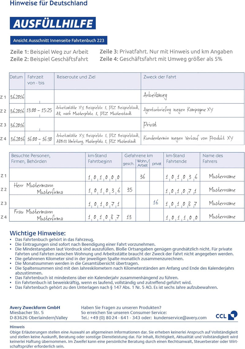 AVERY Zweckform 223-5 Fahrtenbuch (für PKW, vom Finanzamt anerkannt, A5, 80 Seiten|858 Fahrten, für