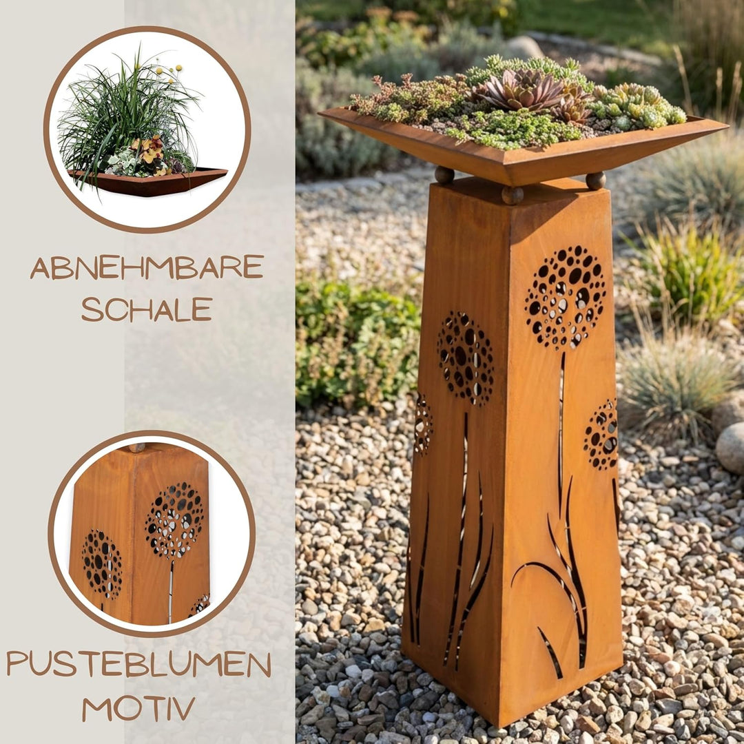 Rostikal Pusteblumen Gartendeko Rost Säule 1,15 m mit Blumenschale 50 x 50 cm Mit Schale 50 X 50 Cm