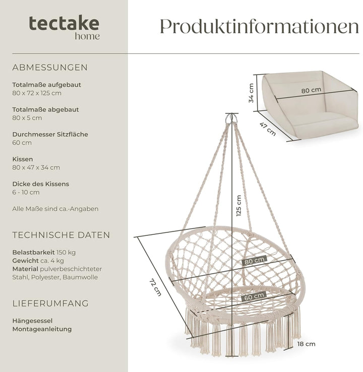 tectake® Indoor und Outdoor Hängesessel, Terrassen und Balkonmöbel, Hängesessel mit Gestell, robuste
