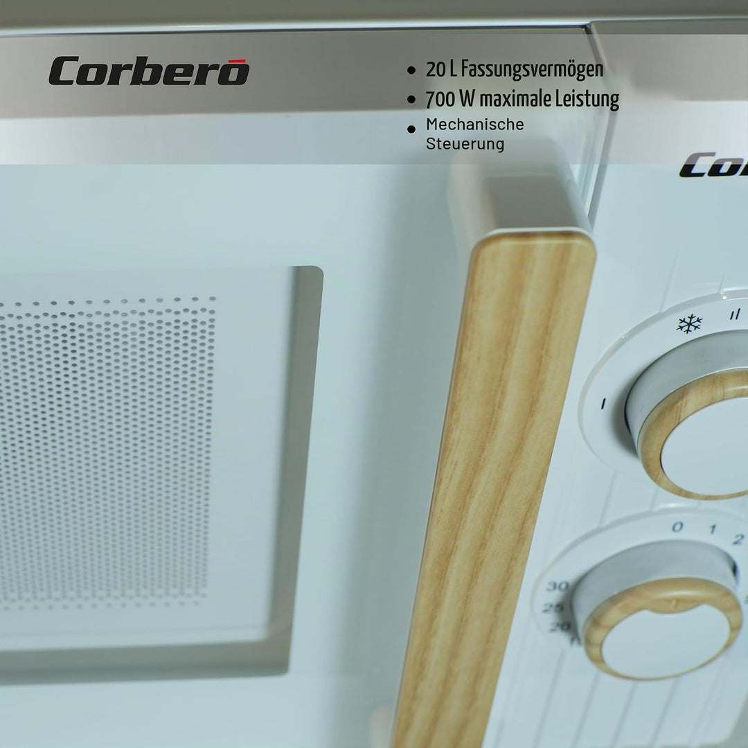 Corberó CMICG270WOODW Mikrowelle, 20 Liter, Weiss, Leistung 700 W, Auftauen, 5 Leistungsstufen, mech