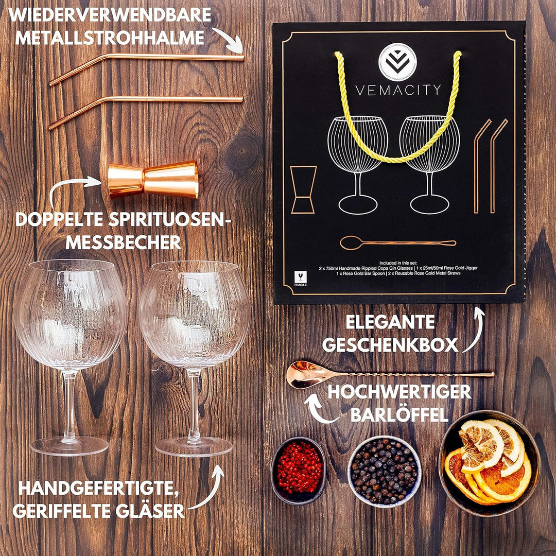 Geriffelte Gin Tonic Gläser Set | 2 Handgefertigte Gin Gläser, Rotgold-Barlöffel, Spirituosen-Messbe
