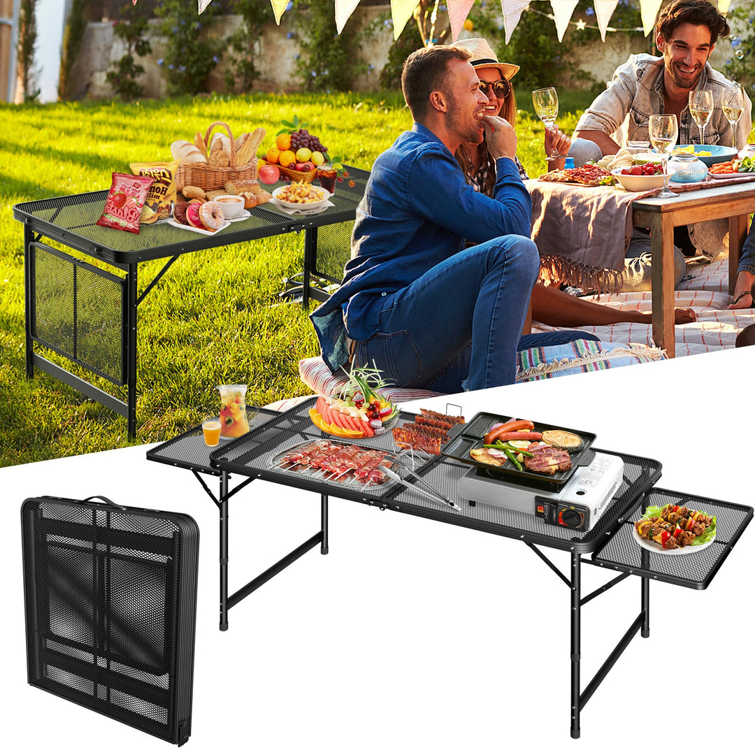 Tragbarer Campingtisch 120x60cm, Höhenverstellbar & Klappbar Gartentisch mit Metallgitterplatte, Erw