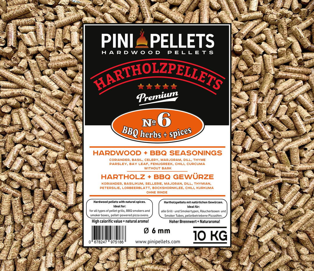 PINI Hartholz Pellets mit Gewürzen № 6 BBQ Gewürze 10 Kg zum Grillen Räuchern Smoken