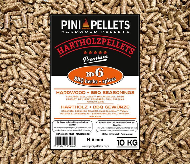 PINI Hartholz Pellets mit Gewürzen № 6 BBQ Gewürze 10 Kg zum Grillen Räuchern Smoken