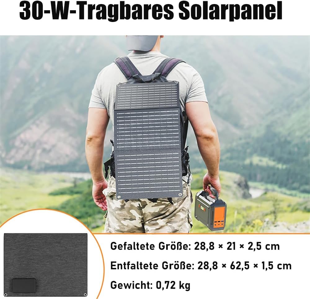 30-W-tragbares Solarpanel mit Typ-C, 23% Umwandlungswirkungsgrad, IP65 wasserdicht, faltbares Solarl