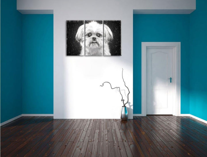 Pixxprint lustiger Kleiner Hund Kunst / 3-Teilig/Gesamtmass 120cm Leinwandbild bespannt auf Holzrahm