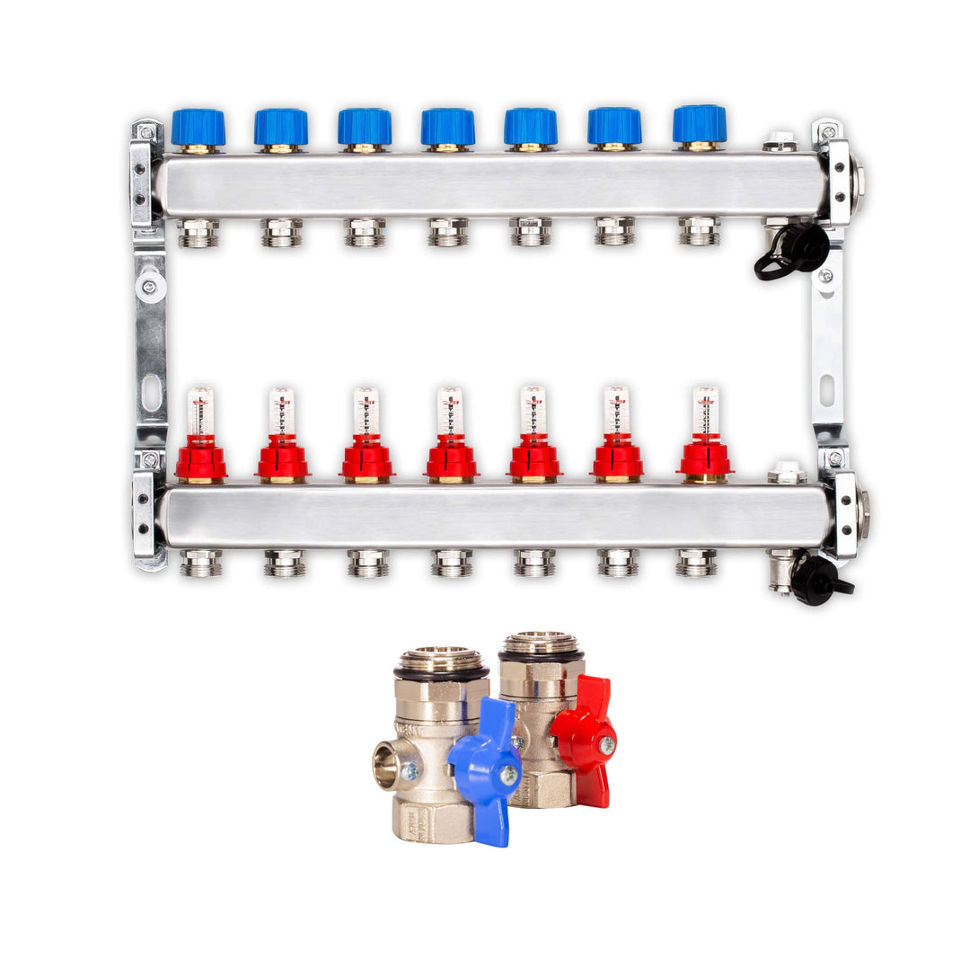 Selfio Heizkreisverteiler PREMIUM mit Durchflussmesser und Kugelhahn-Set (7 Heizkreise), 7 Heizkreis