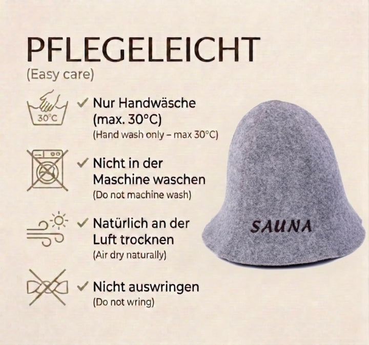 Saunahut Wolle mit Stickerei für Damen und Herren, Wellness Mütze Premium Qualität (DE/NL/SE/PL, Num