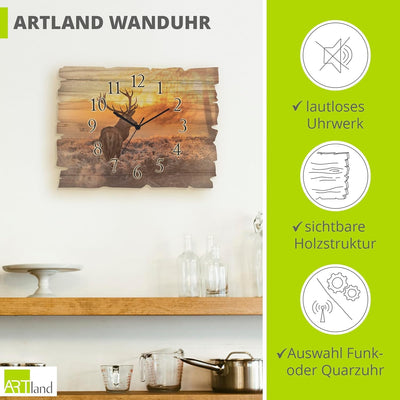 ARTLAND Wanduhr ohne Tickgeräusche aus Holz Funk Uhr lautlos 40x30 cm Rechteckig Landschaft Hirsch T