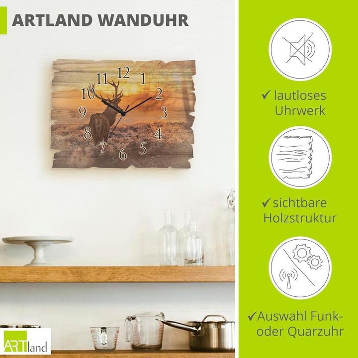 ARTLAND Wanduhr ohne Tickgeräusche aus Holz Quarz Uhr lautlos 40x30 cm Rechteckig Landschaft Hirsch