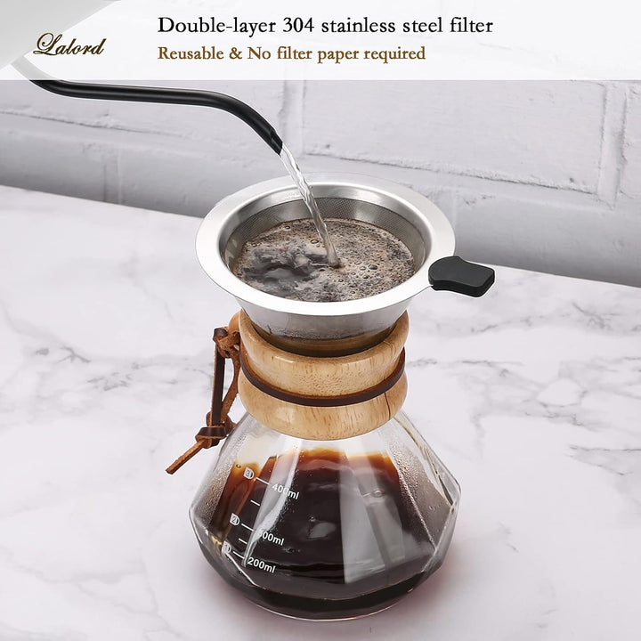 Lalord Pour Over Kaffeebereiter mit Edelstahlfilter, Borosilikatglas Kaffeekanne, Holzkragen, Kaffee
