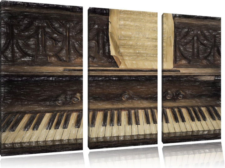 Pixxprint Antikes Klavier mit Notenblatt Bunstift Effekt 3-Teiler Leinwandbild 120x80 Bild auf Leinw