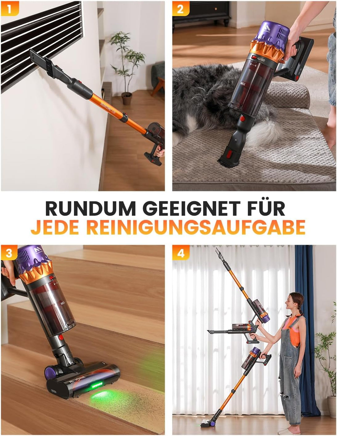 AlloyMove Akku Staubsauger, 50000Pa/550W/80Mins Staubsauger Kabellos mit LED Display und Anti Tangle