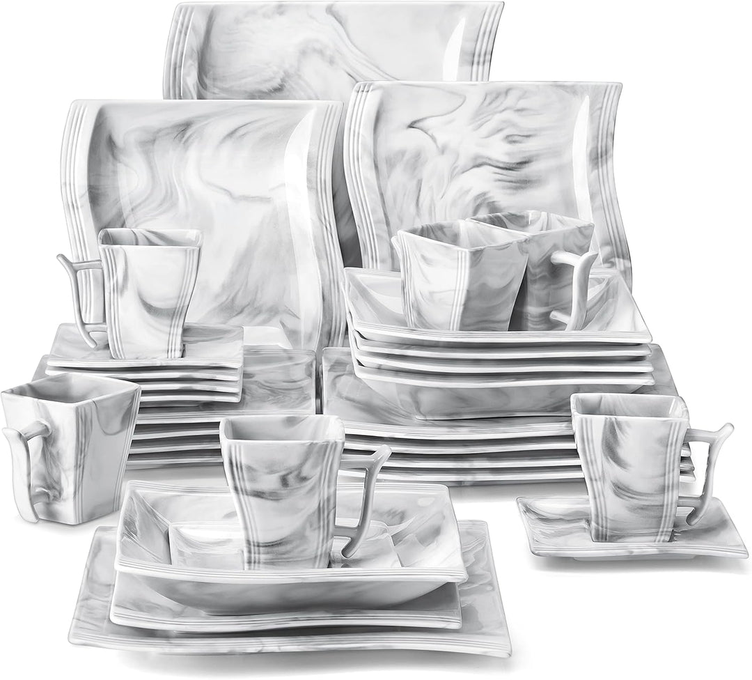 MALACASA, Serie Flora, 30 tlg. Marmor Porzellan Geschirrset Kombiservice Tafelservice mit je 6 Kaffe