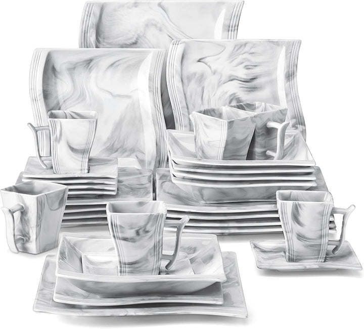 MALACASA, Serie Flora, 30 tlg. Marmor Porzellan Geschirrset Kombiservice Tafelservice mit je 6 Kaffe