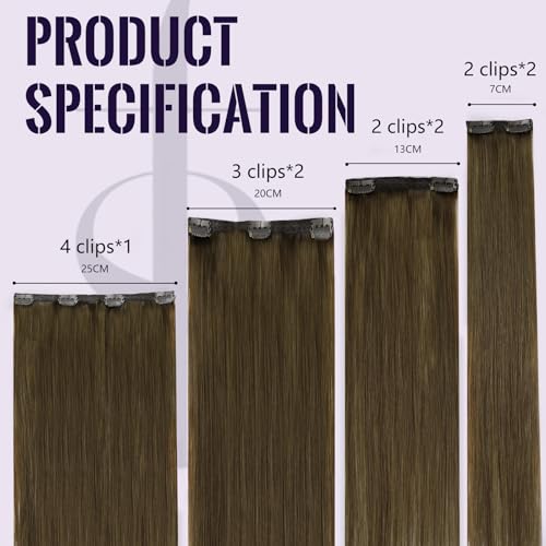 Fshine Clip in Extensions Echthaar 35cm 7 Pcs 120 Gramm Braun Doppelt Tressen Echthaar Haarteil 100%