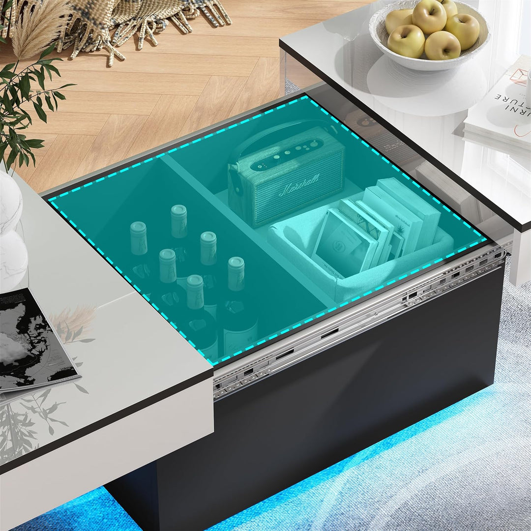 JoliJour Couchtisch Weiss Hochglanz mit LED,Ausziehbarer Couchtisch,Hochglanz-Finish,Wohnzimmertisch