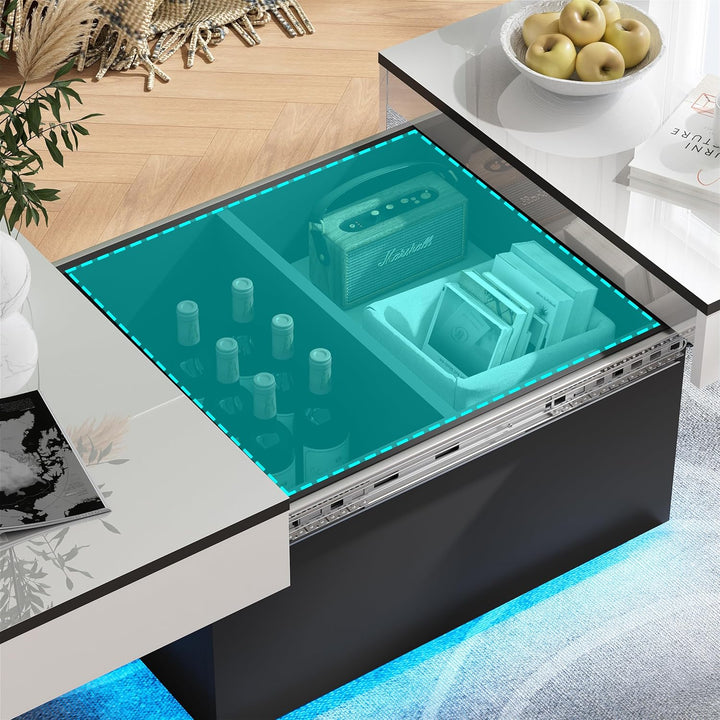 JoliJour Couchtisch Weiss Hochglanz mit LED,Ausziehbarer Couchtisch,Hochglanz-Finish,Wohnzimmertisch