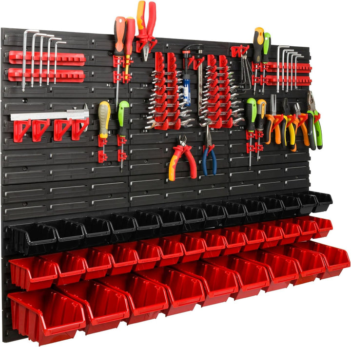 Lagersystem Werkstattregal | 117 x 78 cm | 37 stck. Box | Wandregal mit Werkzeughalterungen und Stap