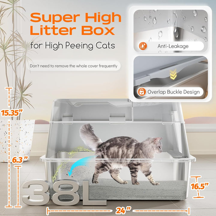 Edelstahl Katzenklo mit Deckel, 110° Flip-Cover Design XXL Geschlossen Katzentoilette aus Edelstahl,