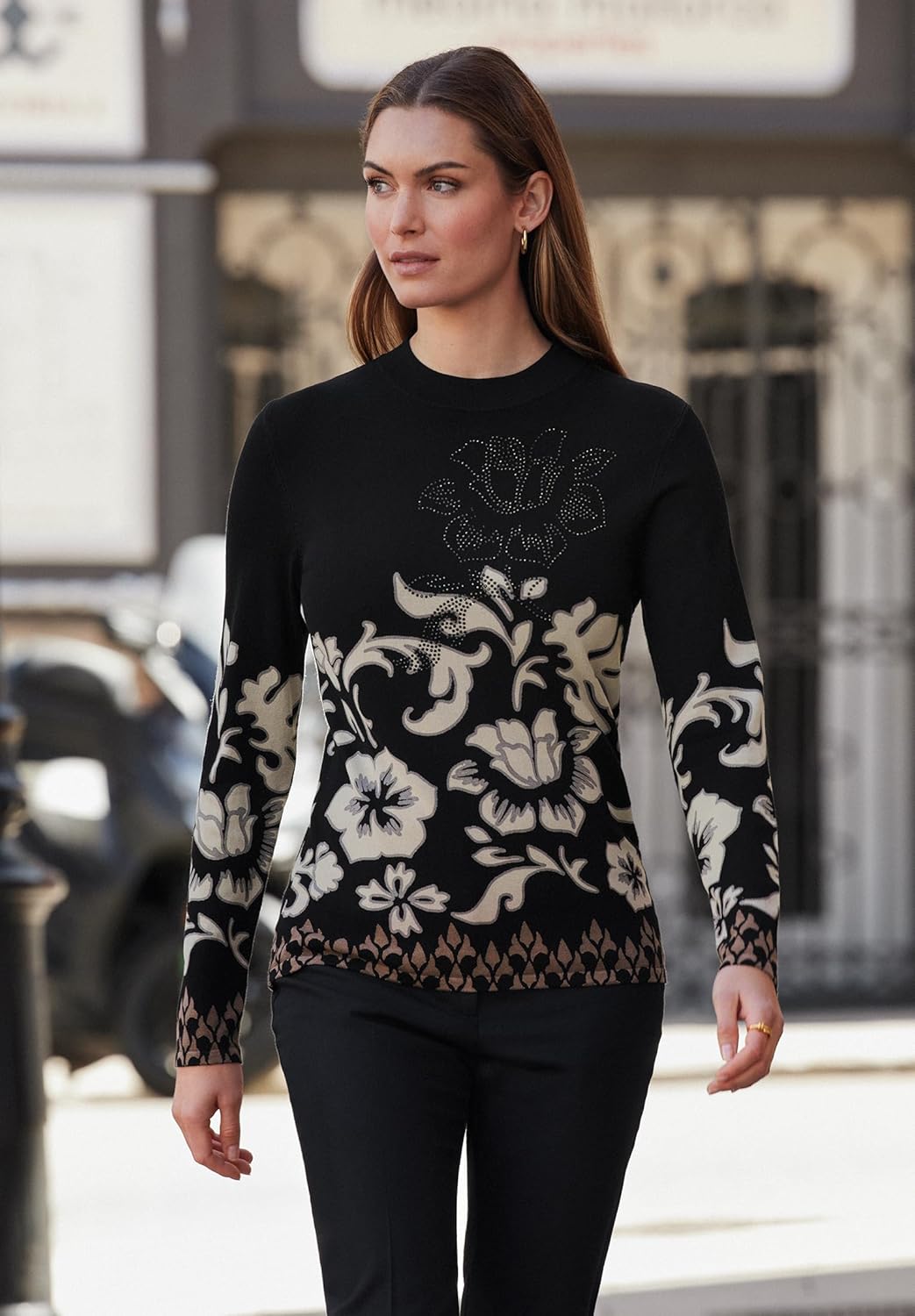 Betty Barclay Damen Feinstrickpullover mit Print 48 Schwarz / Beige, 48 Schwarz / Beige