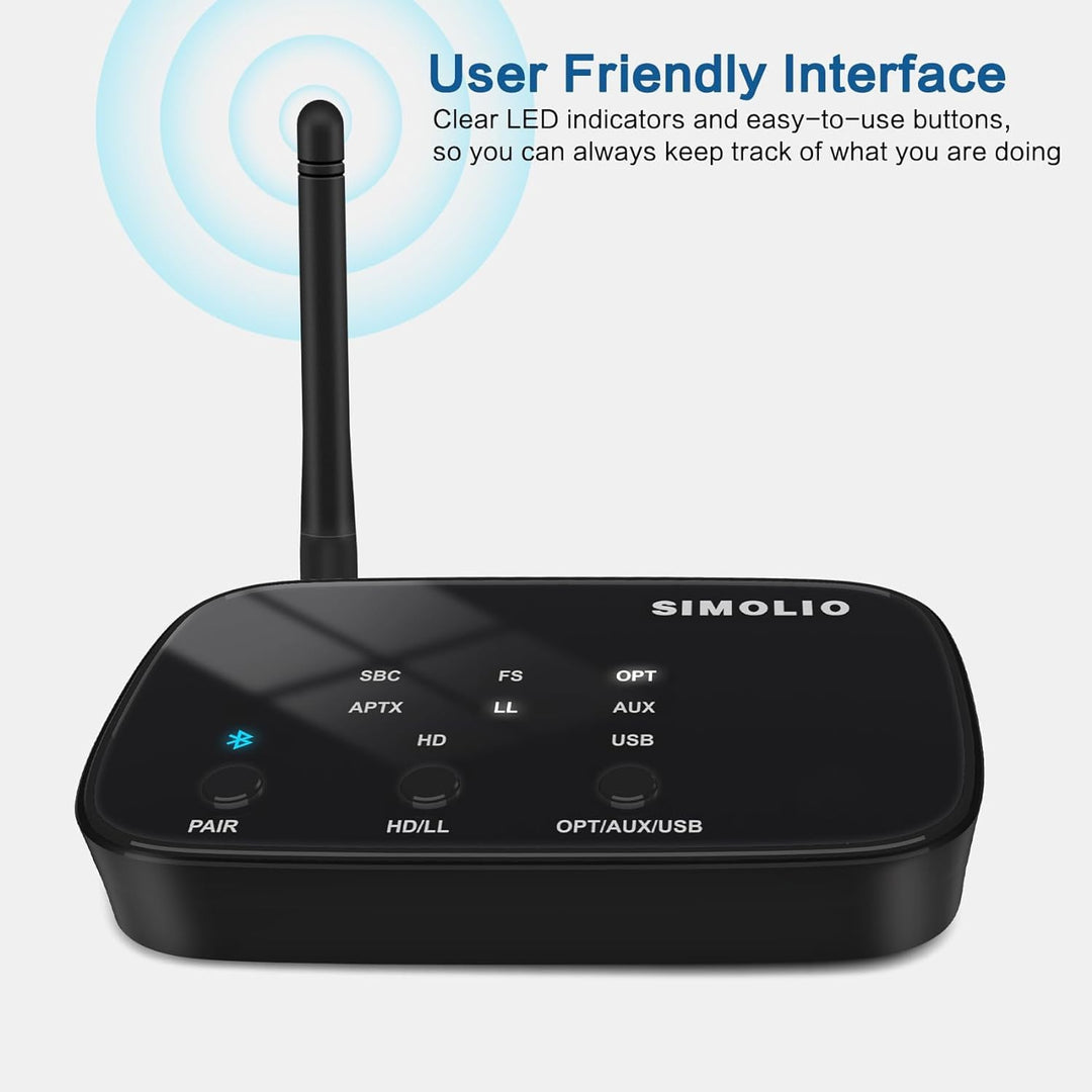 SIMOLIO JH201D Bluetooth Transmitter für TV, aptX Low Latency Bluetooth Sender Adapter für 2 BT Kopf