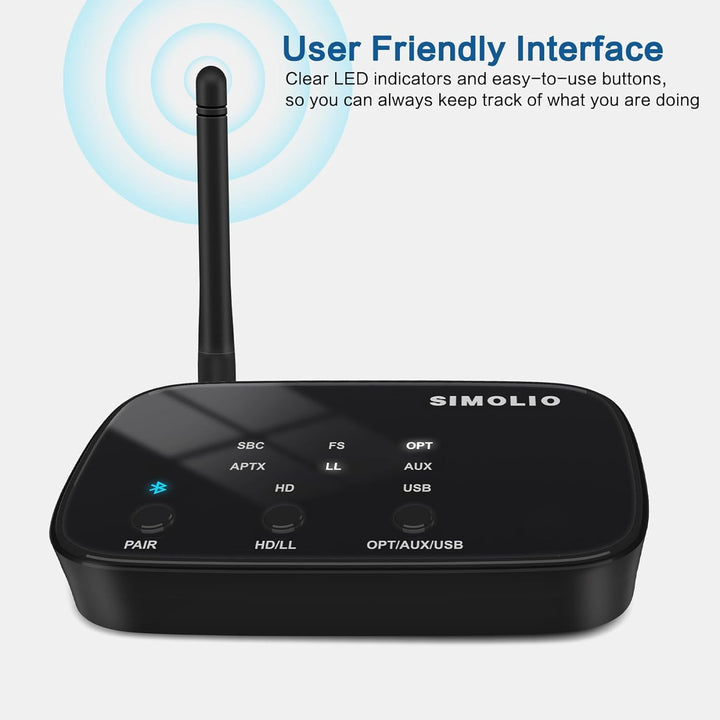 SIMOLIO JH201D Bluetooth Transmitter für TV, aptX Low Latency Bluetooth Sender Adapter für 2 BT Kopf