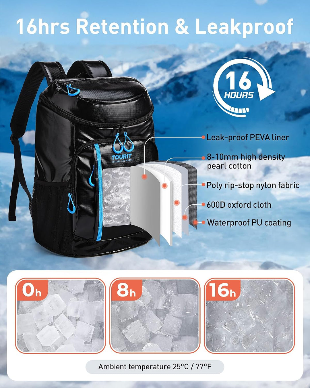 TOURIT Kühler Rucksack Leichter Rucksack 28L mit Flaschenöffner Hält 30 Dosen Dunkle Schwarz, Dunkle