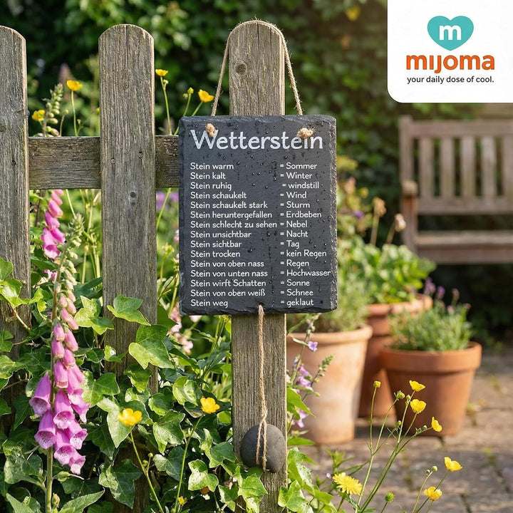 MIJOMA Wetterstein Schiefertafel – Wetterstation aus Schiefer mit Juteband – rustikale Deko für Gart