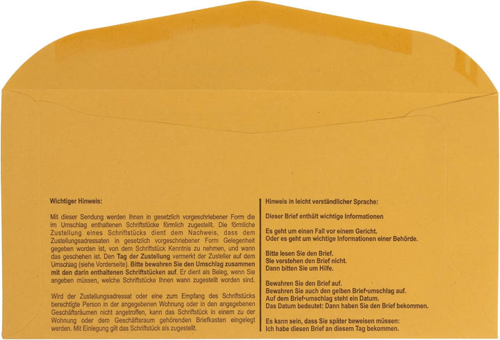 100 x Innere Postzustellungshüllen Förmliche Zustellung Postzustellungsumschläge 9490120