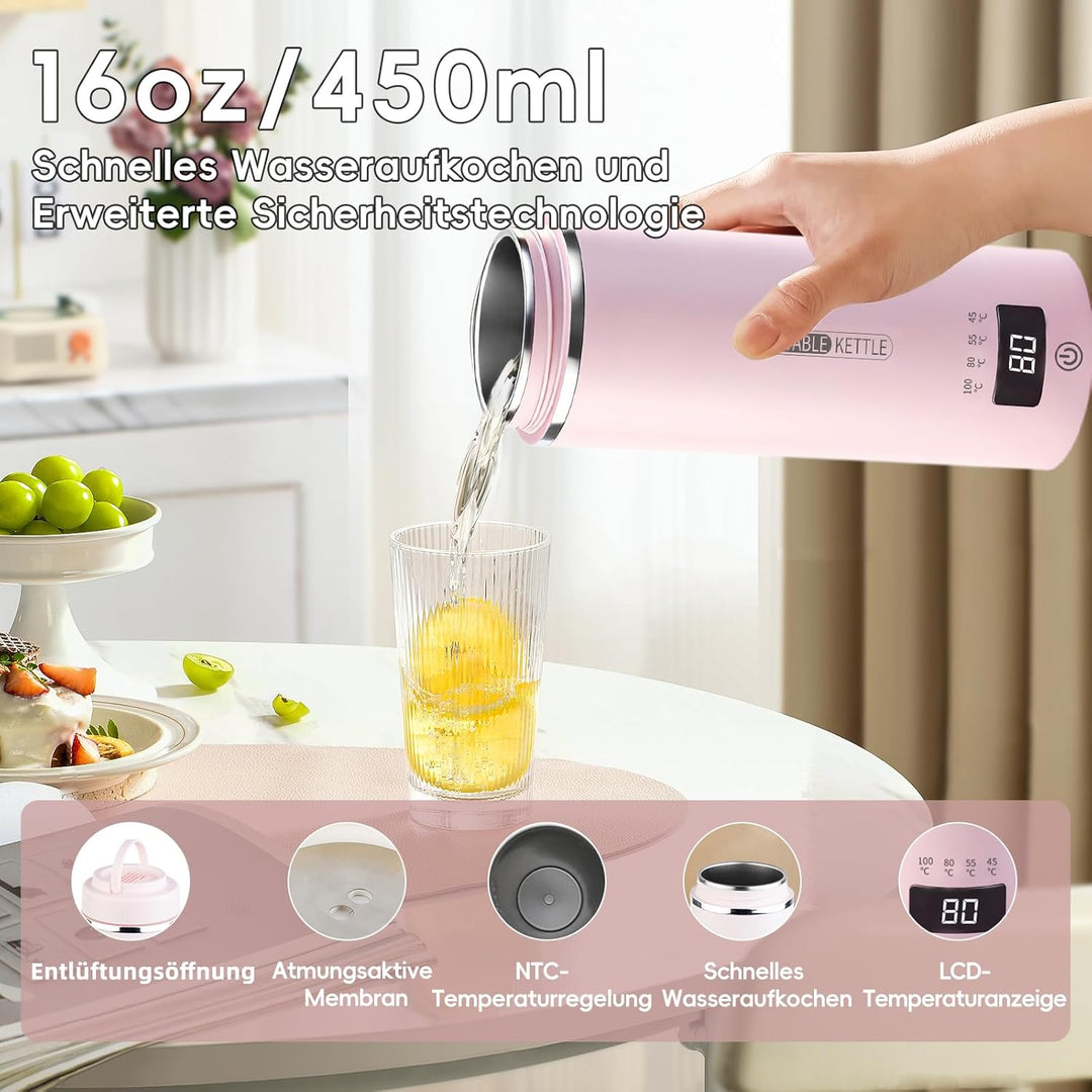 Tragbarer Reisewasserkocher 450 ml 4 Temperatureinstellungen Mini-Wasserkocher zum Anschliessen Edel