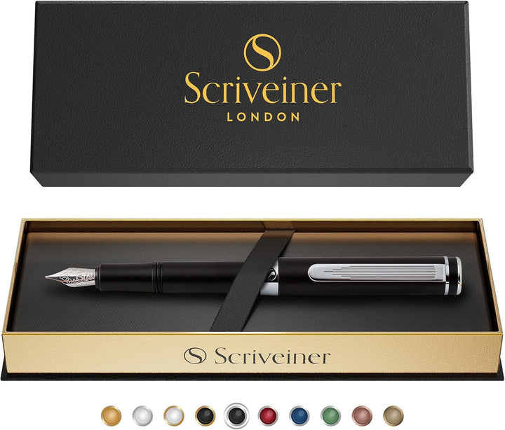 Scriveiner Luxus EDC Füllfederhalter (Mittel), Taschenfüller mattschwarz, verchromt, deutsche Schmid