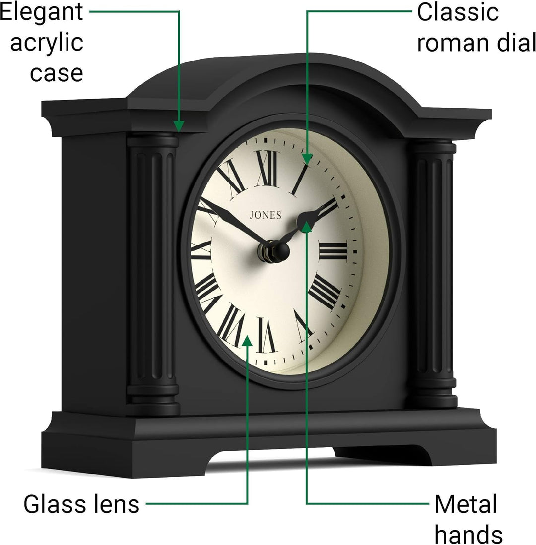 JONES CLOCKS® Kensington Kaminuhr | Klein Klassische Uhr mit gewölbtem Oberteil | Schwarz | Stilvoll