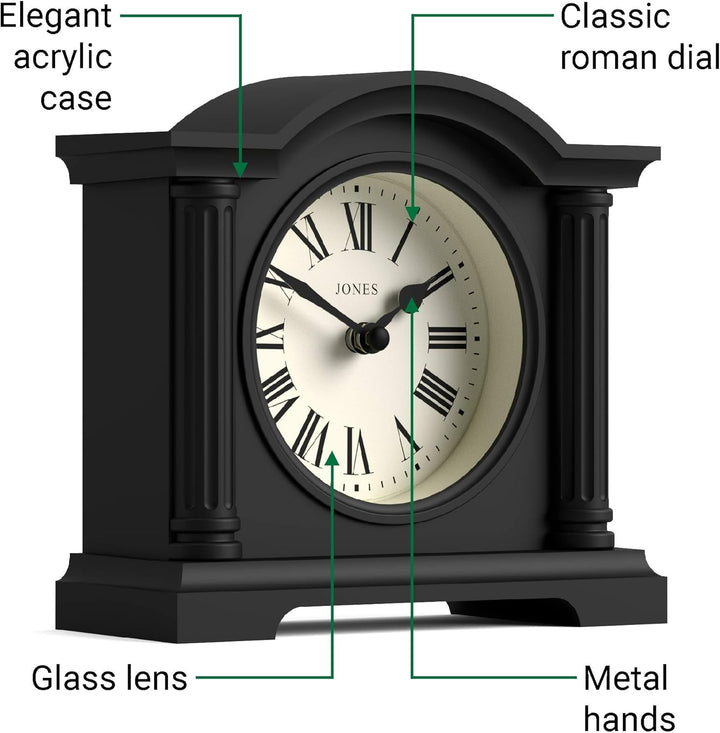 JONES CLOCKS® Kensington Kaminuhr | Klein Klassische Uhr mit gewölbtem Oberteil | Schwarz | Stilvoll